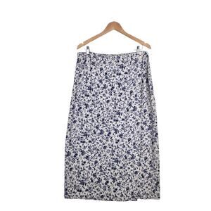 Vintage 90s Talbots Floral Midi Skirt XL Blue Ivory Linen Blend Cottagecore